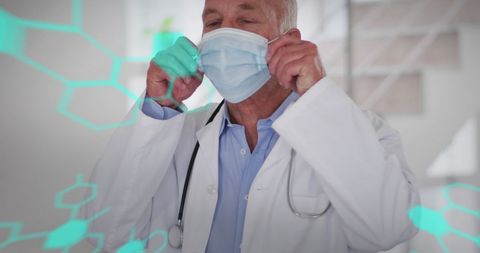Senior Doctor Wearing Mask in Futuristic Medical Setting