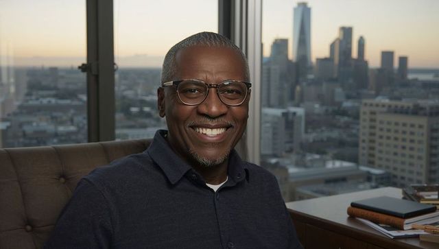 Smiling senior executive sitting in urban high-rise apartment at sunset, books on desk