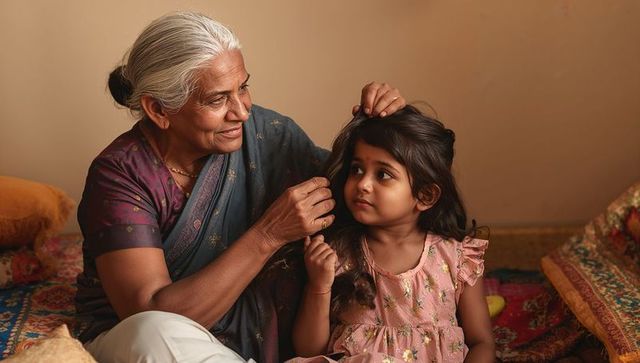 Indian grandmother braiding granddaughter hair at home tender multigenerational family moment