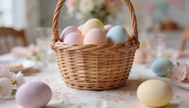 Pastel easter eggs nestled in wicker basket on vintage floral tablecloth for spring decor