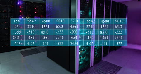 Financial Data Processing Animation Over Server Room