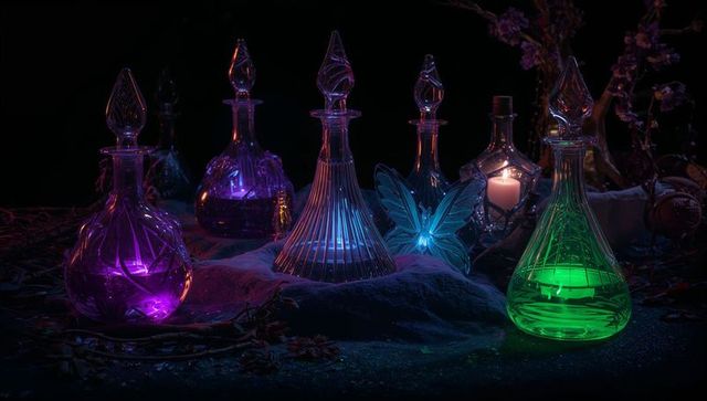 Mystical hued decanters with glowing light and candle ambiance