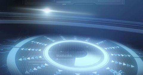 Futuristic Holographic HUD Interface with Rotating Rings, Pulsing Scan Markers, Blue Grid