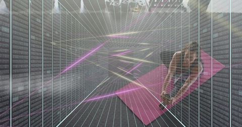 Futuristic workout scene with athlete stretching on pink mat among server racks neon grid