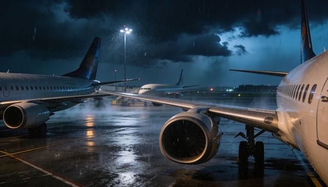 Rain-soaked commercial jet on wet apron at night with glinting turbofan and storm clouds