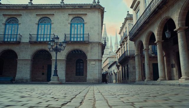Quiet historic plaza with blue-shuttered balconies, cobblestone arcade, cathedral spires