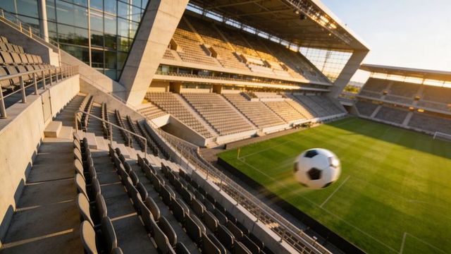 Soccer ball flying with motion blur over empty modern stadium grandstand at golden hour