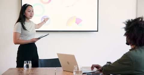 Business Presentation with Diverse Team and Digital Devices in Meeting Room