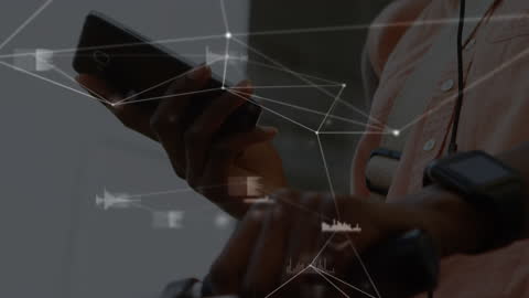 Woman Using Smartphone with Digital Network Overlays