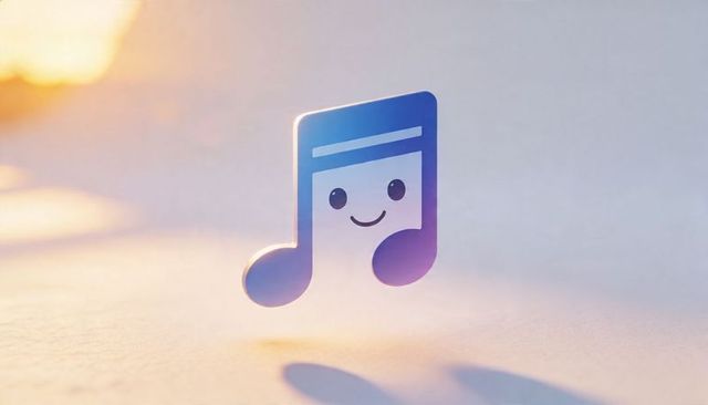 Smiling musical note icon hovering with warm glow and pastel gradient for music apps