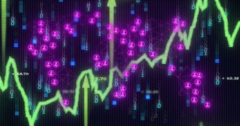 Neon network analytics with green stock trend line and magenta user node clusters