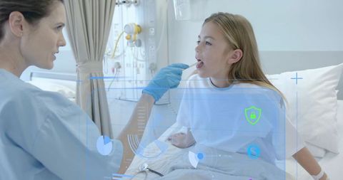 Nurse examining pediatric patient in hospital bed with digital health interface overlay
