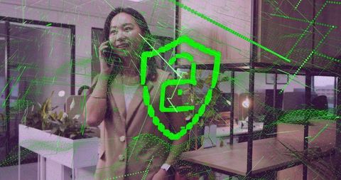 Professional Businesswoman with Innovative Tech Overlay in Modern Office