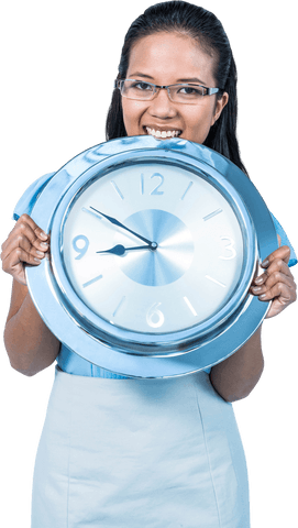 joyful businesswoman holding large transparent clock - Download Free Stock Videos Pikwizard.com