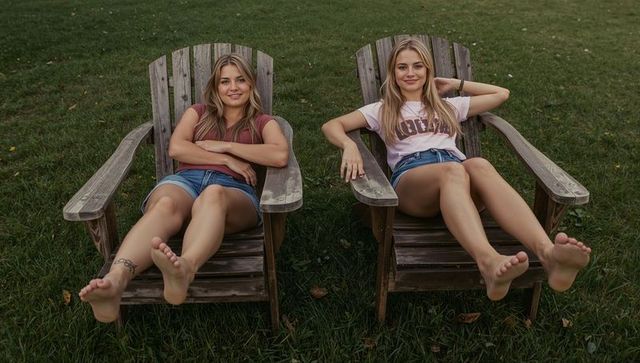 Two young women relaxing on weathered adirondack chairs on grassy lawn, casual summer vibes