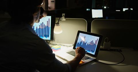 Businessman Analyzing Data Charts on Laptop Late at Night