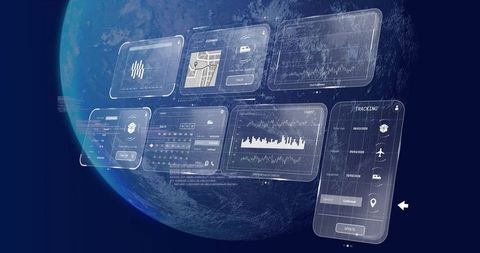 Futuristic Digital UI Panels Floating in Space with Earth Background