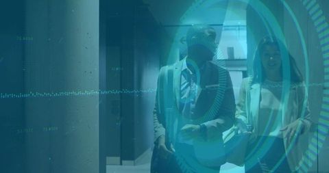 Business Professionals Walking with Futuristic Overlay in Office Hallway