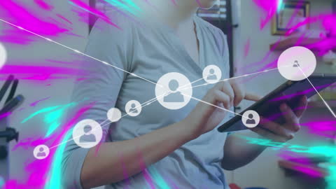 Person Connecting Globally via Tablet with Virtual Network Graphics