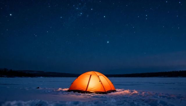 Glowing orange tent on snowy plain under starry night sky, winter camping solitude