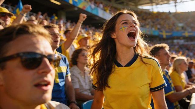Young swedish fan cheering loudly in stadium wearing yellow jersey and face paint