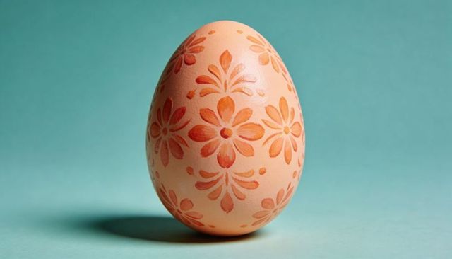 Standing hand-painted easter egg featuring orange floral motifs on teal backdrop, studio