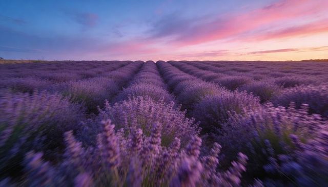 Lavender Rows Stretching into Pastel Sunset Sky, Receding Perspective over Blooming Field