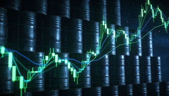 Oil barrels stacking with neon candlestick chart illustrating commodity price fluctuations