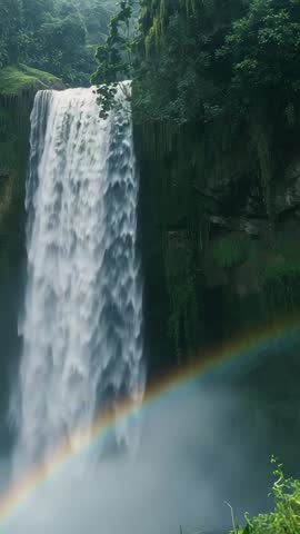 Plunging Waterfall Cascading Through Lush Jungle Gorge Creating Rainbow Mist Vertical Clip