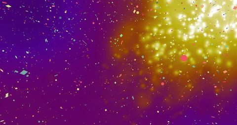 Glowing golden bokeh cluster with colorful confetti on vibrant purple canvas for celebration