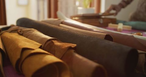 Close view of leather rolls in artisan workshop