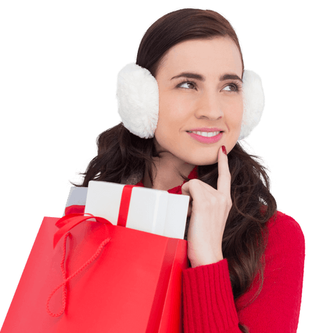 Brunette wearing earmuffs holding attractive shopping gifts transparent
