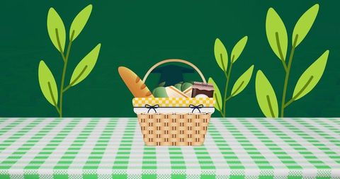 Picnic Basket with Bread and Groceries on Checkered Tablecloth