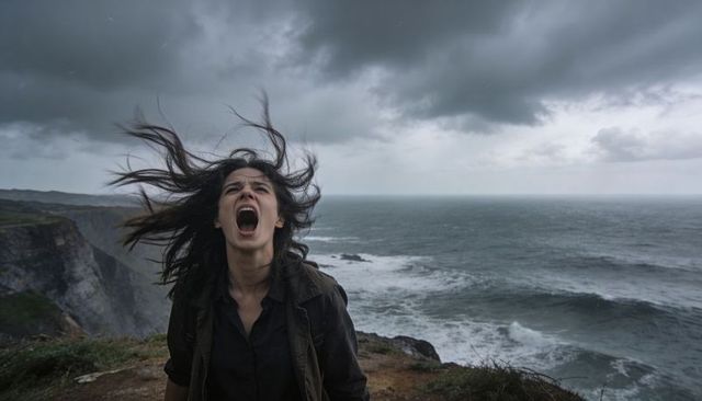 Woman shouting into storm on windswept coastal cliff, dramatic ocean headland