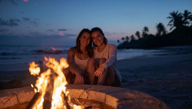 Two women leaning together by bonfire on tropical beach at dusk, smiling