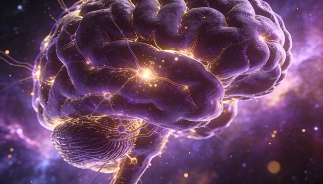 Glowing neural brain emitting cosmic synapse lights in futuristic galactic nebula