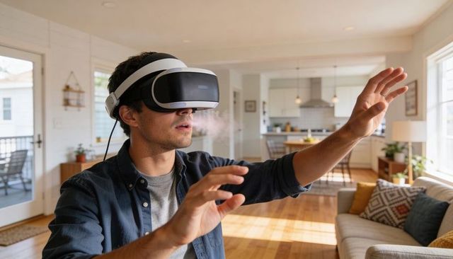 Adult man exploring immersive virtual reality in sunlit modern living room with vr headset
