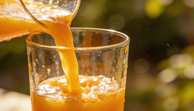 Pouring fresh orange juice into glass with golden bokeh sunlight, refreshing breakfast