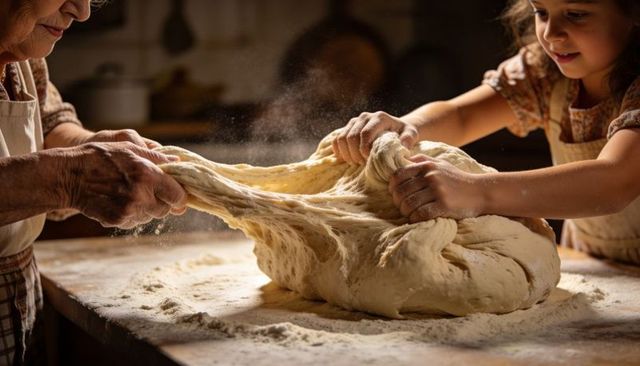 Grandmother and child kneading rustic bread dough on floured wooden counter, generations