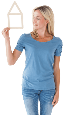 Smiling Woman Holding Transparent House Outline in Hand