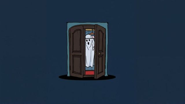 Vintage ghost costume hanging in wooden wardrobe