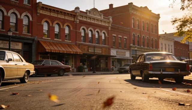 Sunlit small-town main street with classic sedans reflecting warm golden light and autumn leaves