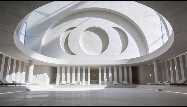 Minimal Concrete Atrium with Central Oculus and Concentric Light Rings, Skylight Geometry