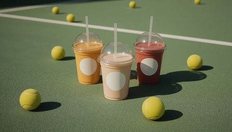 Refreshing Smoothies on Tennis Court with Sunlight and Tennis Balls
