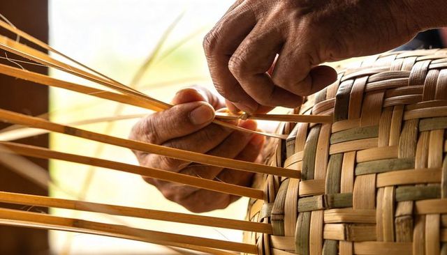 Close-up artisan hands weaving rattan basket tightening reed strips in sunlit workshop