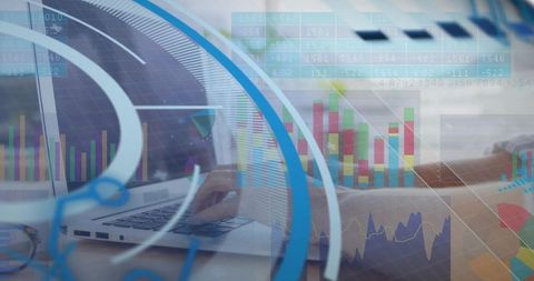 Woman analyst typing on laptop with holographic dashboards and financial charts overlay