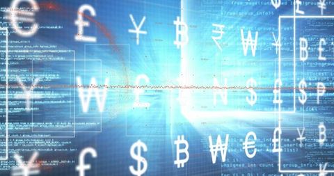 Currency Symbols in Virtual Trading Platform with Digital Abstract Background