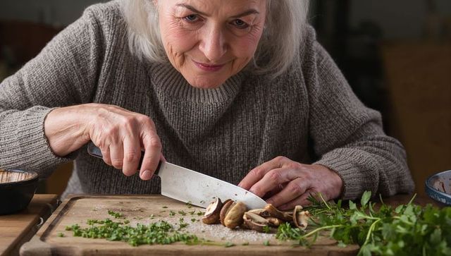 Senior woman slicing mushrooms on wooden board with chef knife and fresh herbs in cozy kitchen