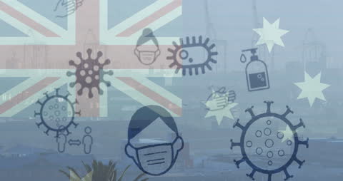 Animated Covid-19 Icons with Australian Flag Overlay Cityscape