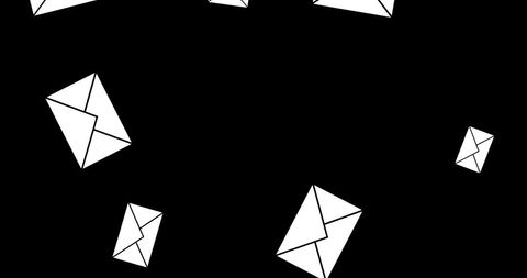 Floating digital envelopes on black background for communication theme